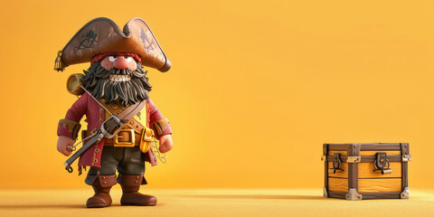 3D illustration of a fierce pirate standing with a treasure chest and sword on a vibrant yellow background capturing the spirit of adventure