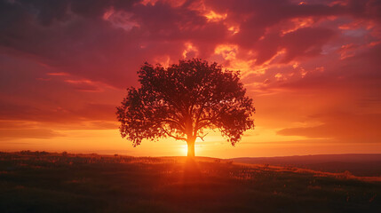 A lone tree silhouetted against a fiery sunset