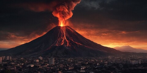 Volcano eruption at sunset. Panoramic view of the city. - obrazy, fototapety, plakaty
