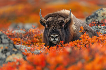 A musk ox surrounded by vibrant autumn colors of orange and red on the tundra ground nearby the coastal Boltzree National Park - obrazy, fototapety, plakaty