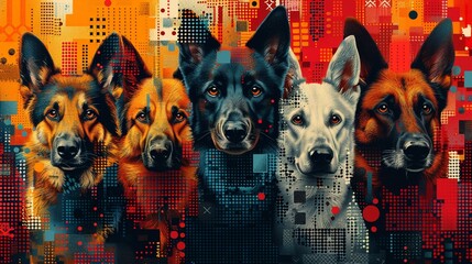 Patchwork of code, intricate patterns, language syntax, programming interface, This print is perfect for those who enjoy the whimsical charm of cartoon canine characters in a variety of artist styles.