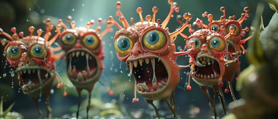 Pest invasion cartoon, humorous characters, exaggerated expressions, satirical style, 3D Scientific Visualization - obrazy, fototapety, plakaty