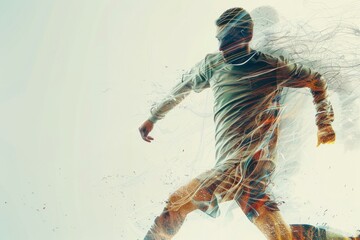 Double exposure of a Soccer player ready to kick the soccerball at the stadium. Generative AI - 775142373