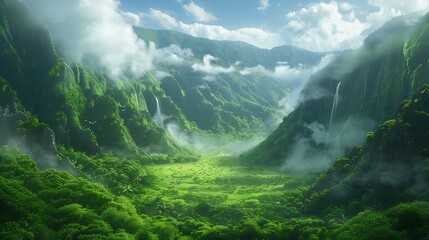 A lush green valley surrounded by towering cliffs