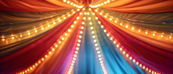 Vibrant AI-generated image of a colorful circus tent with lively lights evoking a cozy and thrilling ambiance. Concept Colorful Circus Tent, Vibrant Lights, Cozy Ambiance, Thrilling Atmosphere