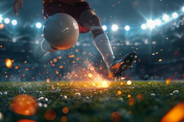 Fototapeta premium Soccer player in a fiery field at the football stadium. Generative AI