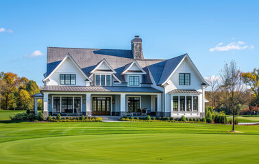 Fototapeta na wymiar A large, two-story house with white walls and gray shingle roof stands on the green lawn of an elegant golf course