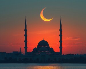 Islamic Crescent Moon Rising Over a Quiet Mosque The celestial symbol blends into the twilight