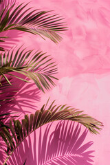 Pink background with palm leaves, Copy space.