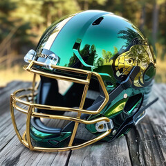A football helmet with a gold and green color. The helmet is shiny and has a reflective surface