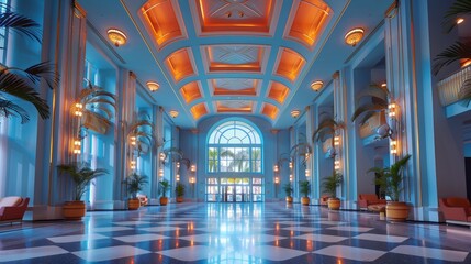 Art deco miami hotel lobby  geometric patterns, pastel colors, and dramatic lighting ambiance