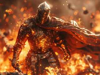 A heroic figure, donned in gleaming armor, emerging from the flames of battle, triumphant and resolute, against a backdrop of smoldering ruins (3D render, Backlights, HDR) - obrazy, fototapety, plakaty