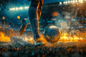 Soccer player in a fiery field at the football stadium. Generative AI - 775144130