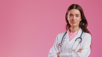 Fototapeta premium Confident female doctor in a lab coat with a pink turtleneck standing on a pink background