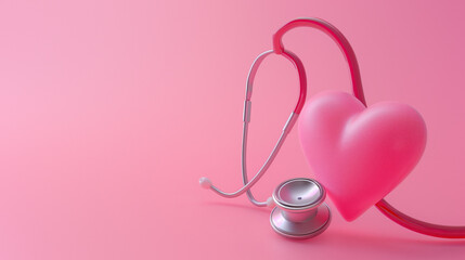 This image shows a 3D red heart entwined with a pink stethoscope, symbolizing medical care and...