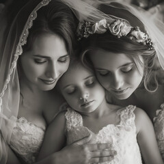 Family photo at the wedding, the bride and children