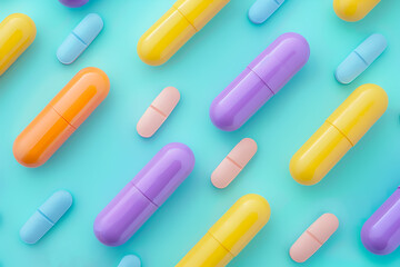 Colorful capsules on pastel blue background