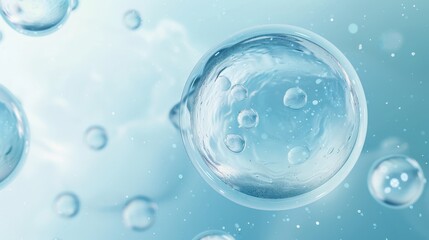 transparent cells floating on a light blue background, surrounded by small cells and bubbles
