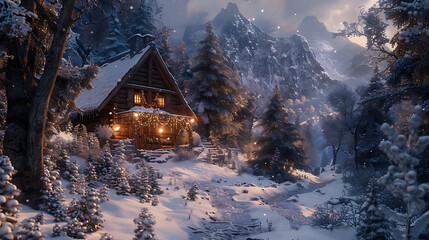A magical winter wonderland scene with snow-covered evergreens, icicle-laden branches, and a cozy log cabin nestled in the woods - obrazy, fototapety, plakaty