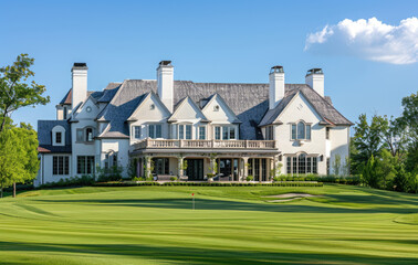 A large, two-story house with white walls and gray shingle roof stands on the green lawn of an elegant golf course