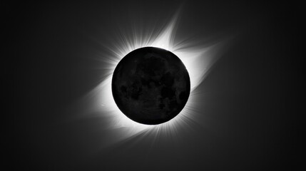 The total solar eclipse, seen from the ground, with black sky and an almost completely dark sun in front of it. The corona is visible around its edges.