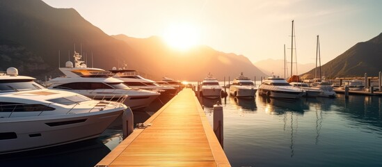 Motor yachts moored at the pier against the backdrop of mountains and the sun at sunset AI generated - obrazy, fototapety, plakaty