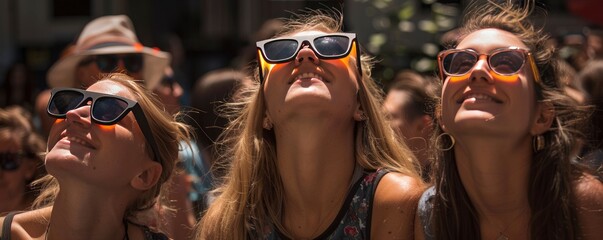 Women wearing black and orange solar eclipse glasses look up at the sky surrounded by other people