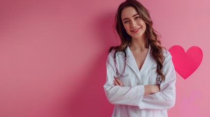 Female doctor in white lab coat stands smiling, holding a heart symbol on pink backdrop