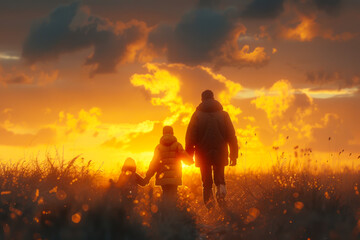 Family Walking on Path Towards Sunset Horizon.
