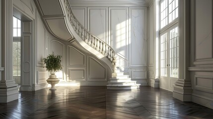 a stunning depiction of a dark walnut floor contrasting against pale off-white plaster walls, leading to a majestic grey limestone staircase. - obrazy, fototapety, plakaty