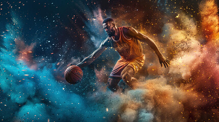 Dynamic movement of a basketball player with the ball, in a multi-colored explosion of bright colors. - obrazy, fototapety, plakaty