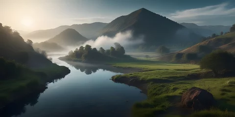  Foggy landscape with river and mountains in the background at sunrise © Naksh
