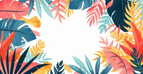 background with colorful tropical leaves around the edges and empty space in the center bright colors, simple shapes Generative AI