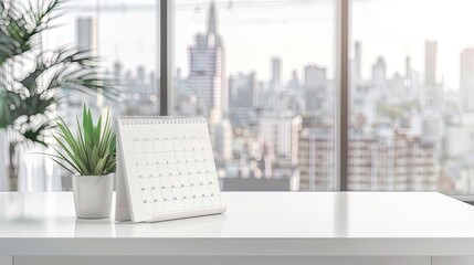 Blank calendar on white table in office with city view, mock up