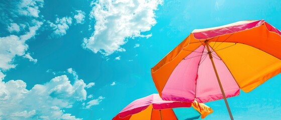 two colorful beach umbrellas against the blue sky, summer background