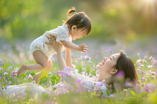 A photo of an Asian mother lying on the grass, holding her child in one hand and lifting it up to play with the child