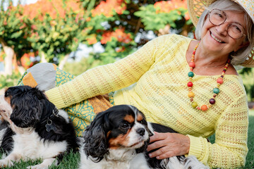 Senior smiling caucasian woman lying in the meadow outdoors in the park with two cavalier king...