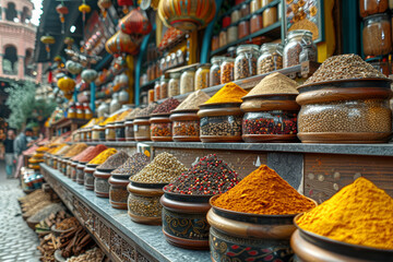 A spice bazaar bustling with activity, featuring vibrant displays of spices from various cultures, creating a sensory journey. Concept of multicultural spice market. Generative Ai. - obrazy, fototapety, plakaty