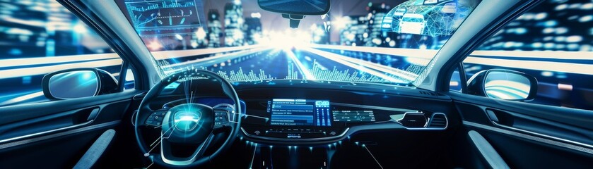 Machine learning in autonomous vehicles, depicting how AI interprets realtime data to navigate safely no dust - obrazy, fototapety, plakaty