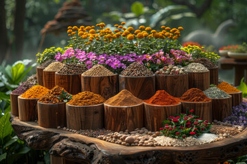 A spice garden flourishing with a kaleidoscope of colors and fragrances, embodying the essence of homegrown culinary delights. Concept of home gardening for spices. Generative Ai. - obrazy, fototapety, plakaty