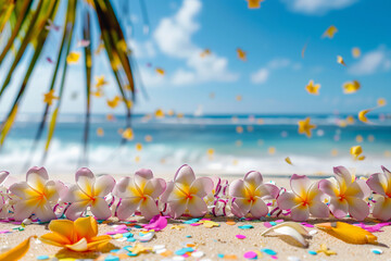 flower garland on a beach, hawaii paradise, vacation relaxation with palms and sea (5)