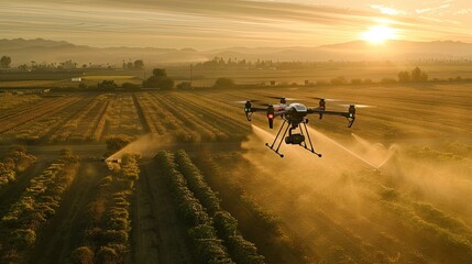 a camera mounted on a drone captures aerial footage of the drone flying over farmland, spraying pesticides while multiple sprinklers irrigate the fields below.