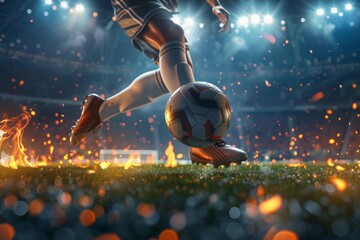 Naklejka premium Soccer player in a fiery field at the football stadium. Generative AI
