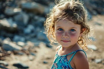 Portrait of a cute little girl on the beach. Selective focus.
