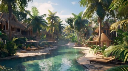 a large pool with a lot of palm trees and a sky background with clouds - obrazy, fototapety, plakaty