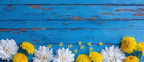 White daisies and yellow chrysanthemums on a blue wooden background with copy space for text, in a top view. Spring or summer floral border frame. - obrazy, fototapety, plakaty