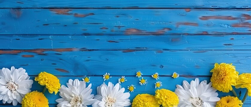 White daisies and yellow chrysanthemums on a blue wooden background with copy space for text, in a top view. Spring or summer floral border frame.
