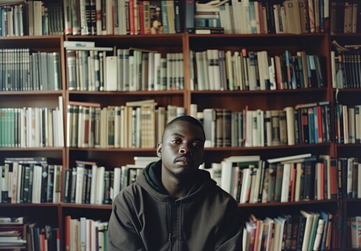 A man in front of bookshelves in a library