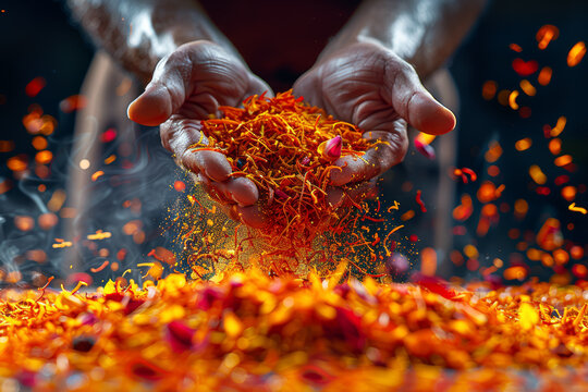 A chef's fingers delicately pinching a saffron thread, emphasizing the preciousness of this exotic spice. Concept of culinary luxury and refinement. Generative Ai.