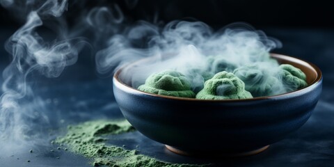 Bowl of green matcha powder with tea accessories.
Concept: healthy lifestyle, nutrition and cooking, menu design in cafes and restaurants, in advertising of tea products. - obrazy, fototapety, plakaty